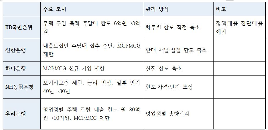 5대 은행 주택 관련 대출 관리 조치