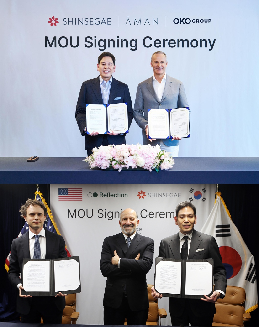 정용진 회장이 올해 오코그룹, 리플렉션AI 그룹과 각각 MOU를 체결했다. /사진제공=신세계그룹