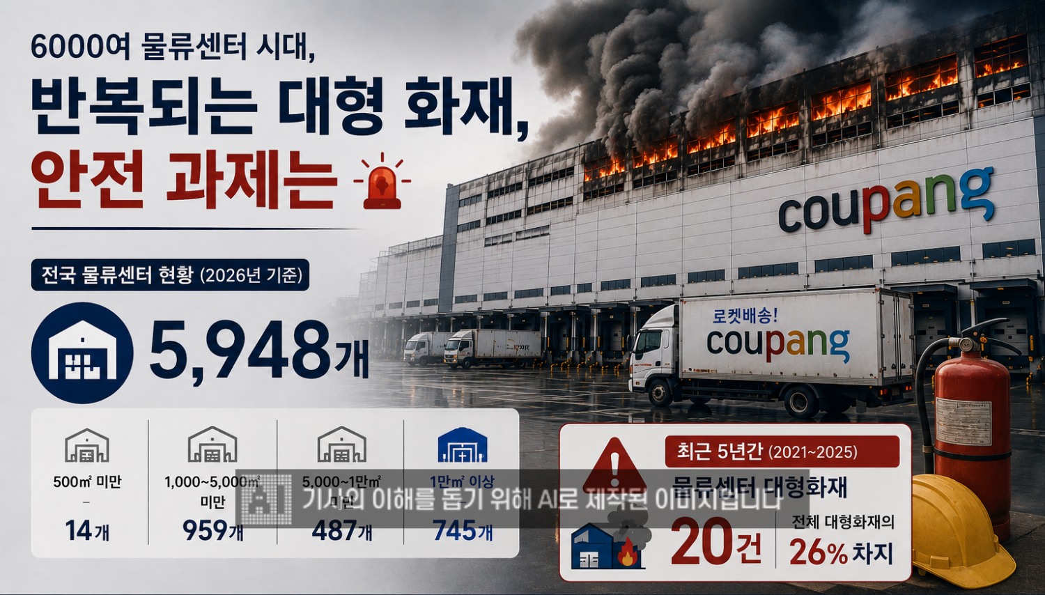 쿠팡의 인천 물류센터 화재로, 물류센터에 대한 안전기준을 높여야 한다는 목소리가 나온다. /사진=생성형AI
