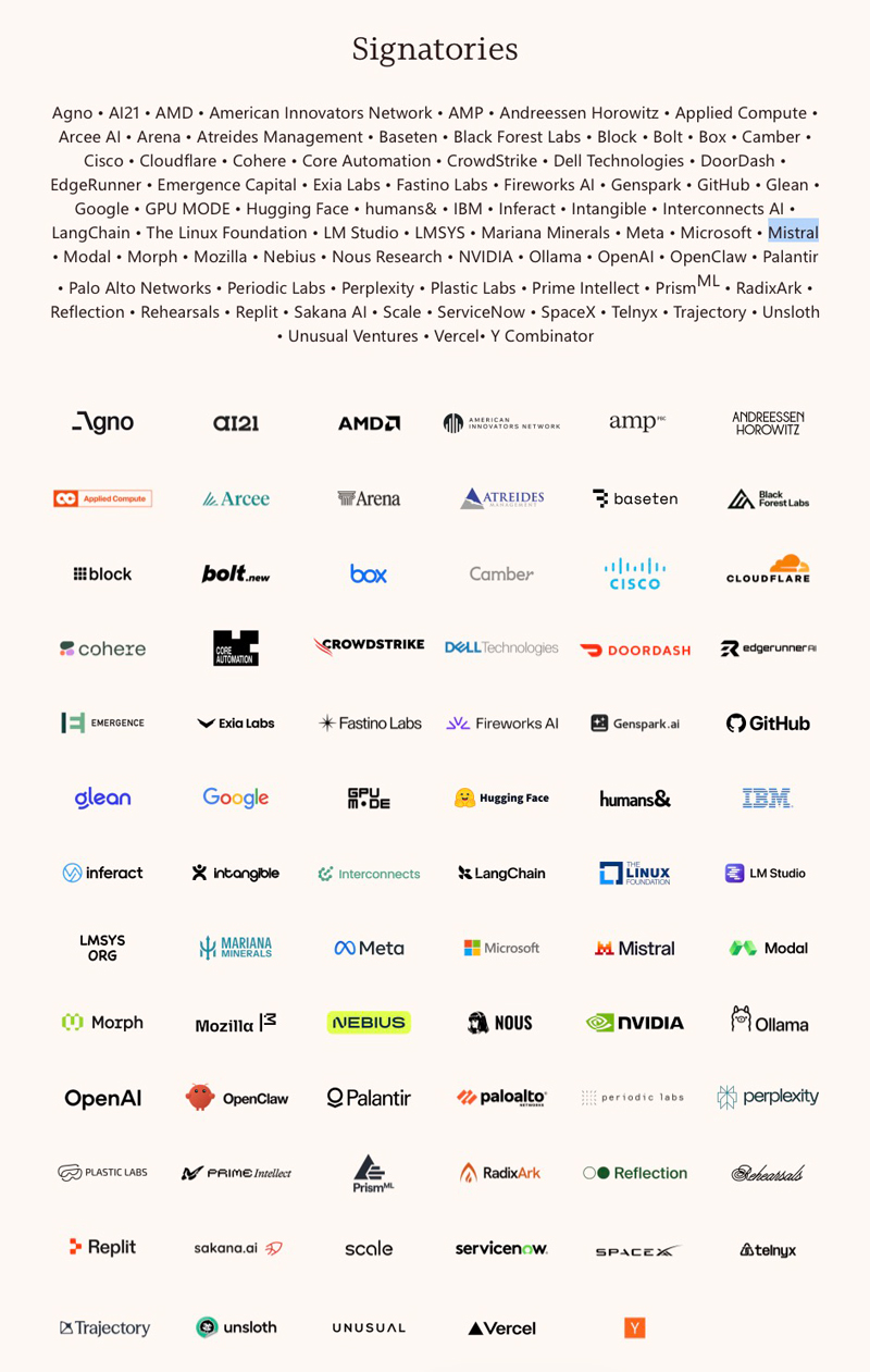 “Open Weights and American AI Leadership” (오픈 웨이트와 미국 AI 리더십) 공동서한에 서명한 업체 명단, 25개로 시작해 주말을 지나면서 27일 오전 기준 77개로 늘었다.(출처: microsoft)