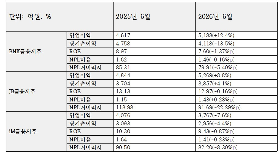 3개 지방 금융지주 주요 수익성, 건전성 지표 (단위: 억원, %)