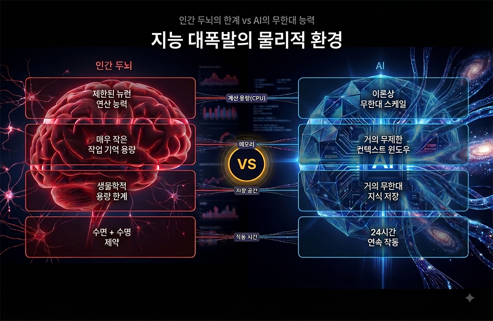 ▲제한된 계산 용량(CPU), 제한된 메모리(Memory), 제한된 저장 공간(Storage), 제한된 작동 시간(수면과 수명)을 가진 인간 지능의 한계 대비 AI가 가진 4가지 차별적인 환경이 지능 대폭발을 가능하게 했다.