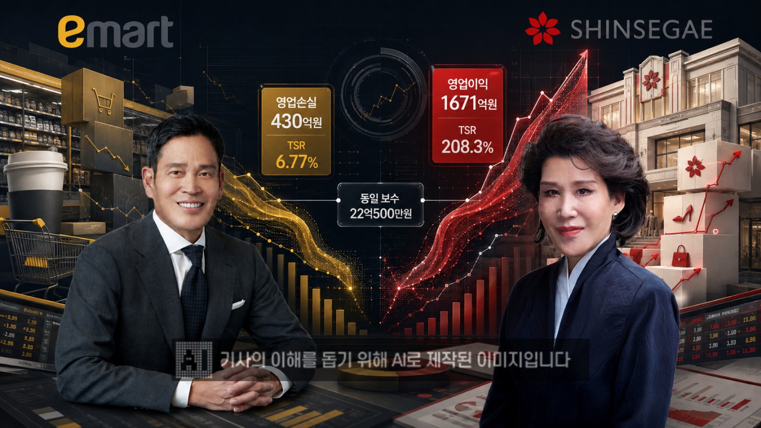 신세계그룹 정용진 회장과 정유경 회장이 서로 다른 성적표를 받아들었다. /사진=생성형AI