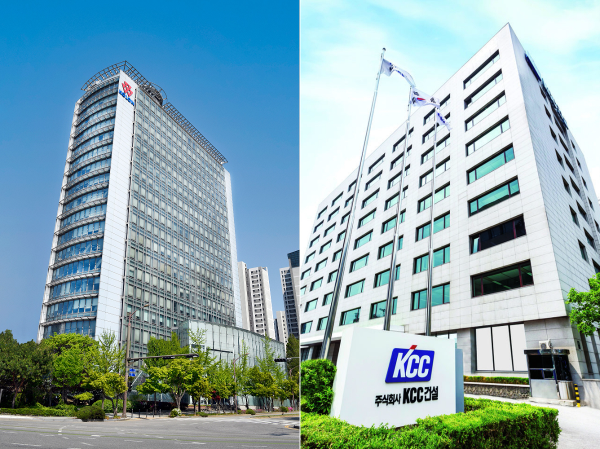 코오롱글로벌 과천 사옥 전경(사진 왼쪽)·KCC건설 본사 전경. /사진제공=각 사