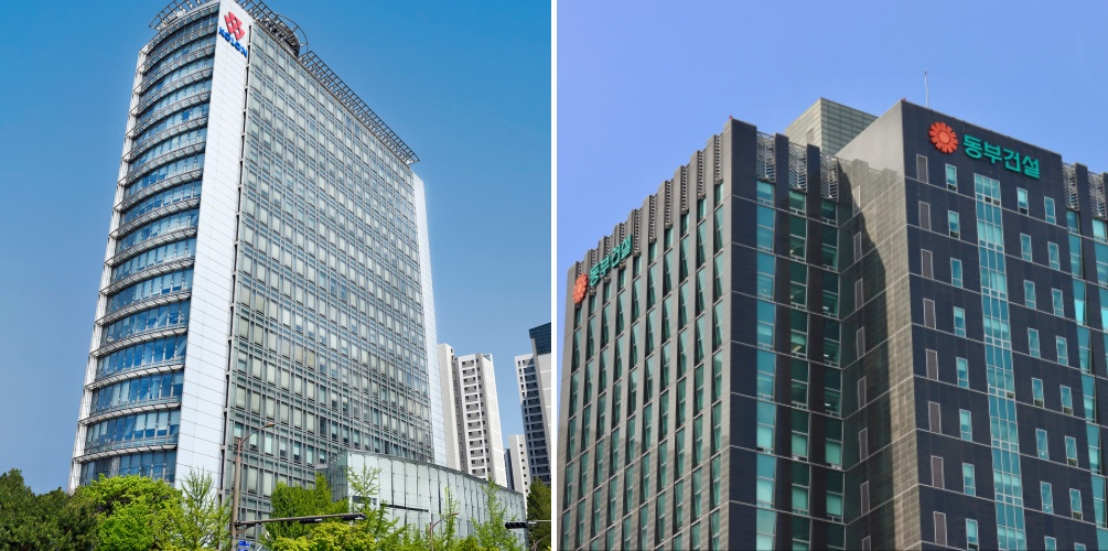 코오롱글로벌 본사(사진 왼쪽)·동부건설 본사 전경. /사진=각 사