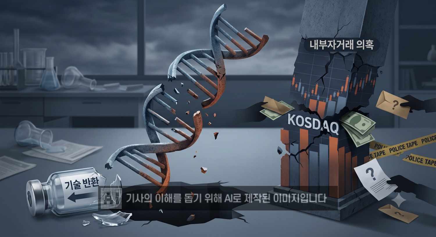 에이비엘바이오의 내부자 거래 의혹 강제수사와 오름테라퓨틱스의 기술반환 소식이 연이어 전해지며 코스닥 바이오 업계의 신뢰도가 타격을 입고 있다. /사진=생성형 AI