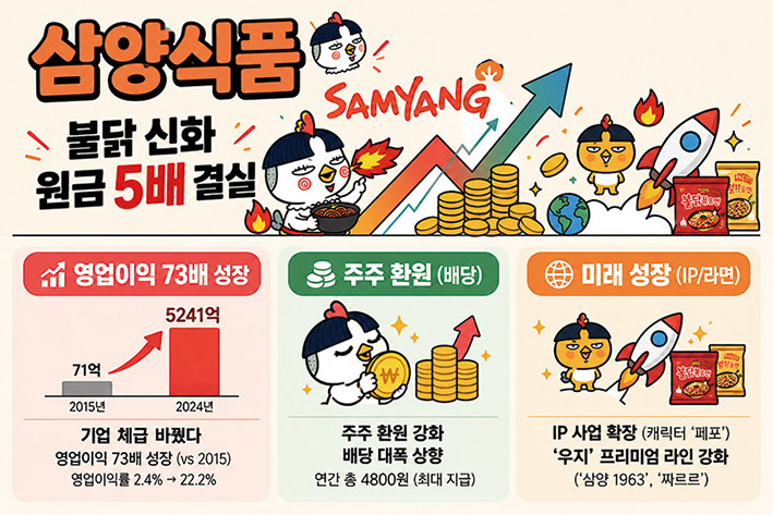 ▲ 삼양식품이 ‘불닭볶음면’을 앞세워 실적과 주주환원을 확대하며 최근 3년 누적 TSR 세자릿수를 기록했다. 생성형 AI