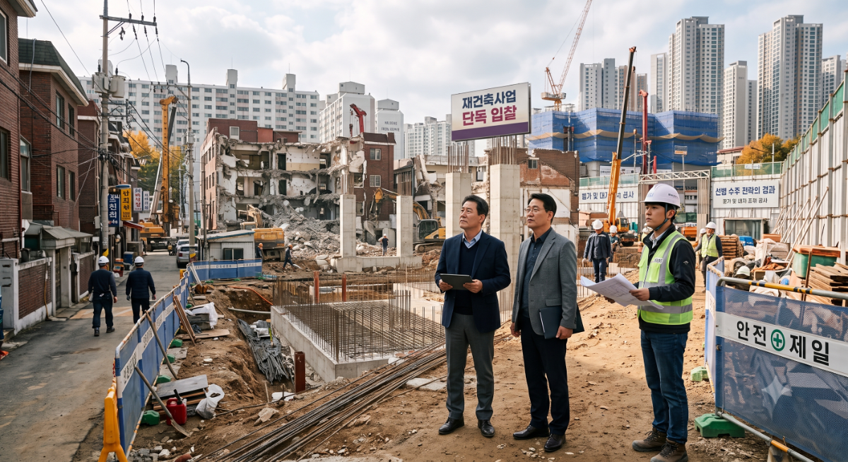 서울의 한 대규모 재건축 사업 현장에서 건설사 관계자들이 철거 및 기반 공사 진행 상황을 살피며 입찰 참여와 공사 타당성을 검토하고 있다. /사진=AI 생성 이미지