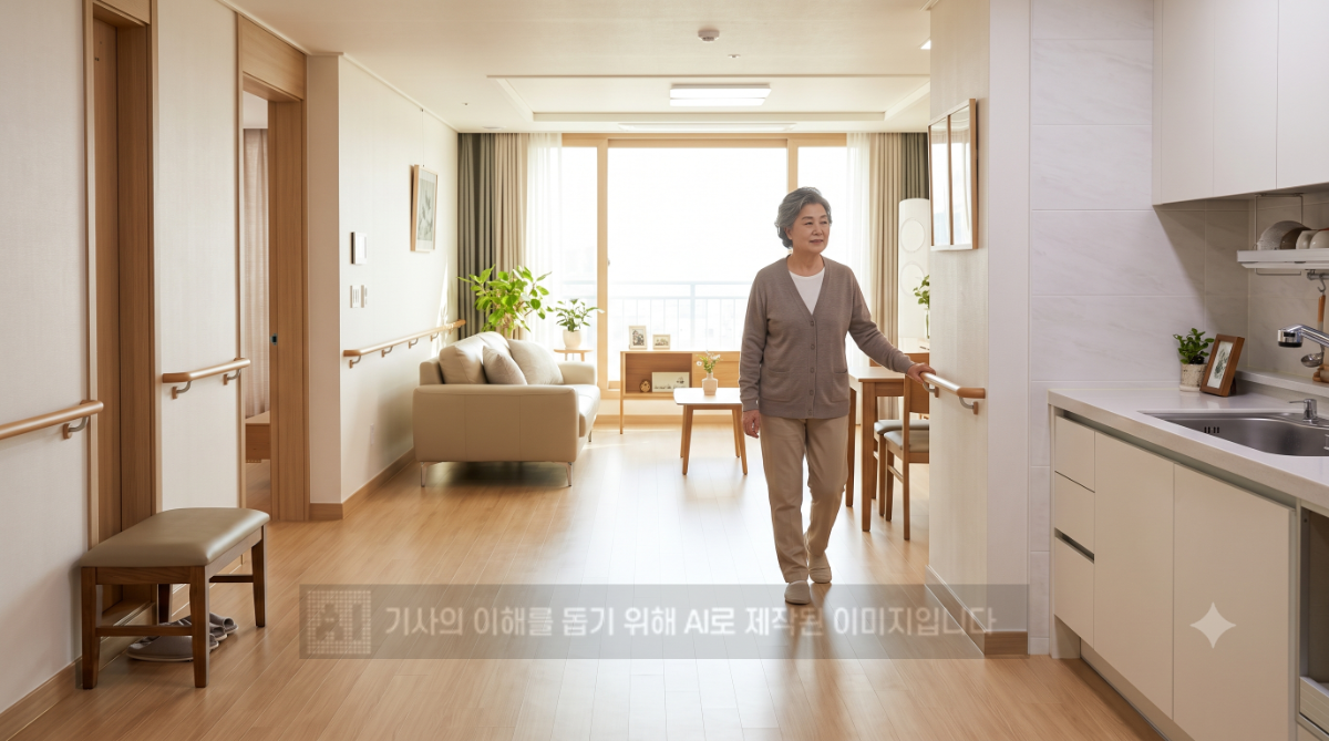 시니어 레지던스 내부 전경. 바닥 문턱을 완전히 없앤 무단차 설계와 벽면 안전 손잡이, 여유로운 이동 동선 등 어르신의 낙상 사고를 예방하고 안전한 독립 생활을 돕는 맞춤형 주거 구조가 적용됐다. /사진제공=AI 생성 이미지