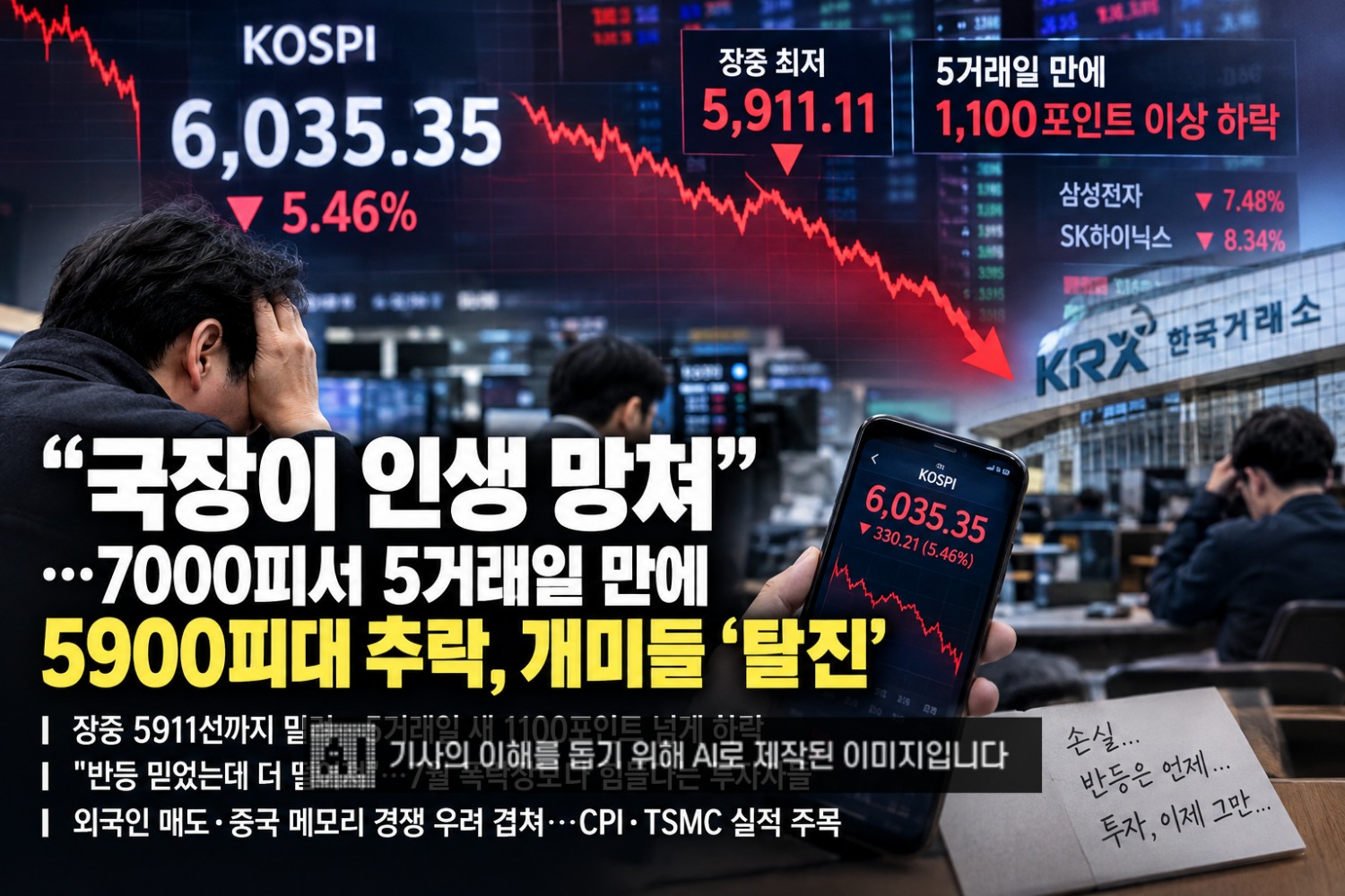 "국장이 인생 망쳐"…7000피서 5거래일 만에 5900피대 추락, 개미들 '탈진'