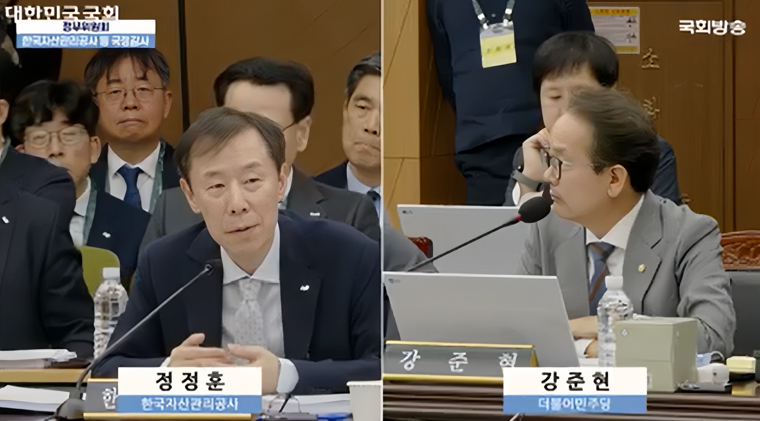 정정훈 한국자산관리공사(캠코) 사장(왼쪽)이 15일 부산국제금융센터에서 열린 국회 정무위원회 국정감사에서 강준현 더불어민주당 의원의 질의에 답변하고 있다. / 사진=국회 인터넷의사중계시스템 화면 갈무리