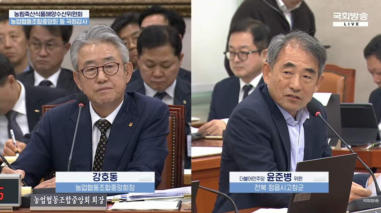 강호동 농협중앙회장이 16일 국회에서 열린 농림축산식품해양수산위원회 국정감사에서 윤준병 더불어민주당 의원의 질의를 듣고 있다. 사진=국회방송 화면 갈무리