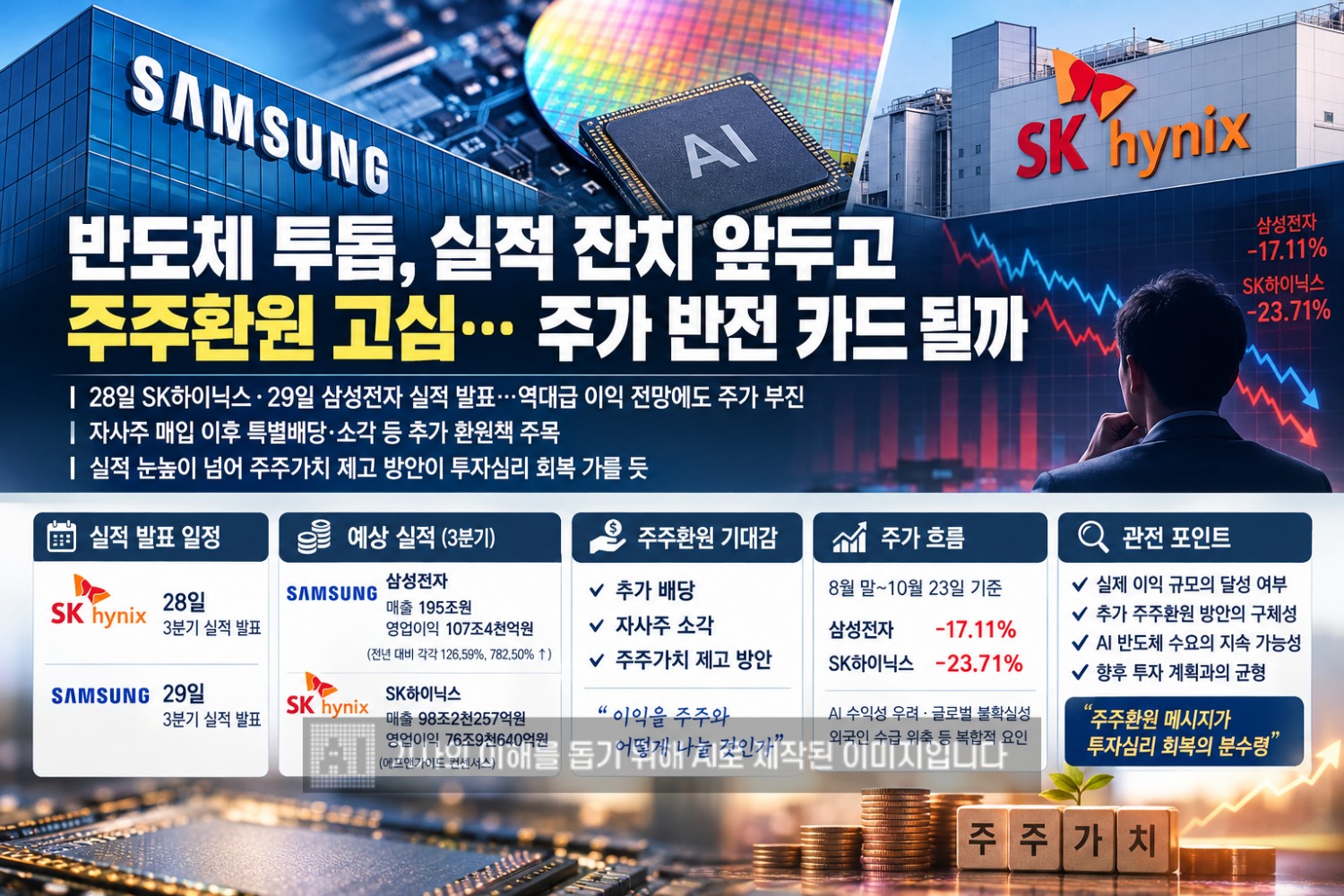 반도체 투톱, 실적 잔치 앞두고 주주환원 고심…주가 반전 카드 될까