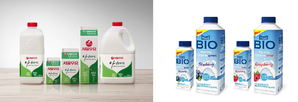 서울우유의 ‘나100%우유’(왼쪽) 와 매일유업의 ‘바이오 드링킹요거트’(왼쪽) .각사제공