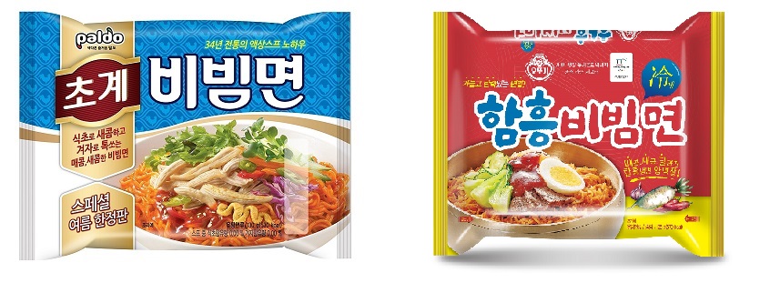 팔도 ‘초계비빔면’ (오른쪽) 과 오뚜기 ‘함흥비빔면’ (왼쪽). 각사제공