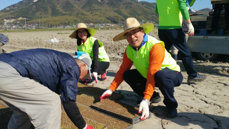 이성권 NH선물 대표이사(왼쪽 세번째)가 26일 자매결연 마을인 이강1리 마을에서 모판을 나르며 부족한 영농천 일손을 돕고 있다.