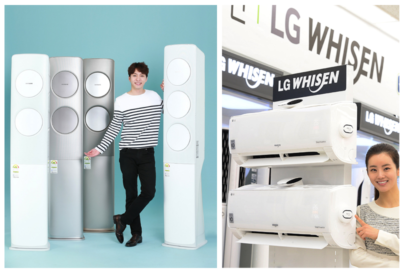 ▲ 삼성전자 모델이 바람 없이 시원한 2017년 ‘무풍에어컨’ 신규 라인업을 소개하고 있다.      ▲ LG전자가 공기청정 기능을 강화한  휘센 벽걸이 에어컨을 출시했다.