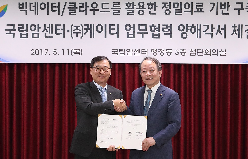 △이문환 KT 기업사업부문장(왼쪽)과 이강현 국립암센터 원장(오른쪽)이 MOU를 체결하고 있는 모습 / 사진제공=KT