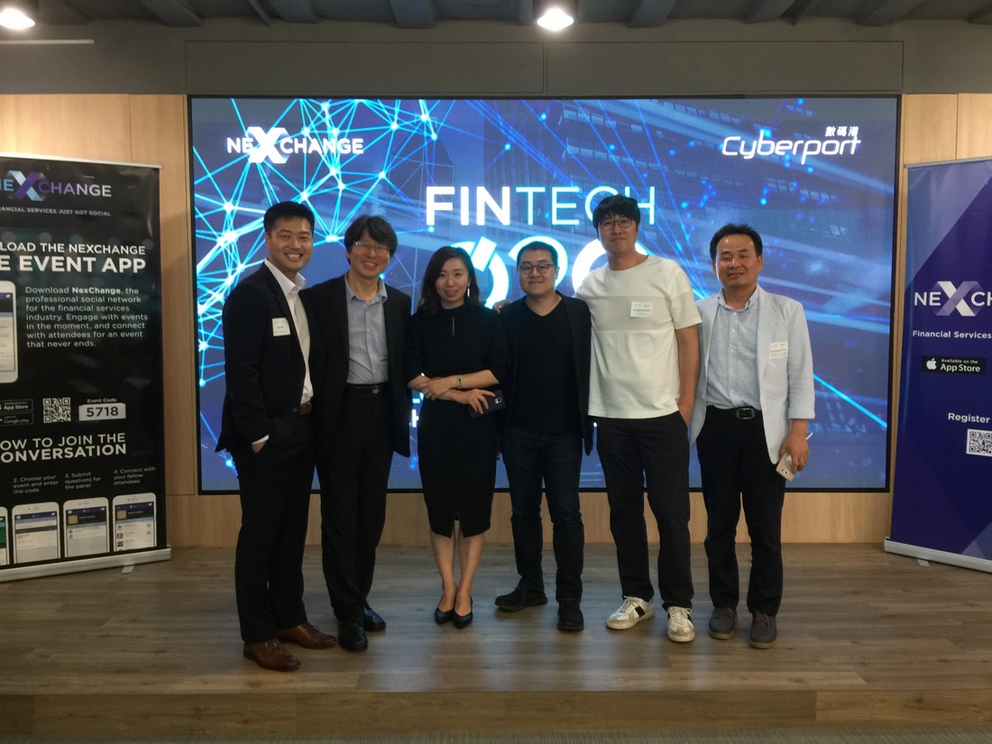 데일리금융그룹이 지난 18일 홍콩 사이버포트에서 개최된 글로벌 핀테크 컨퍼런스 ‘핀테크 O2O’에 참가했다.(왼쪽부터)김민호 데일리금융그룹 해외전략총괄이사, 정유신 핀테크지원센터 센터장, 엄수원 솔리드웨어 대표, 문경록 뉴지스탁 대표, 박상영 데일리금융그룹 대표, 김광현 디캠프 센터장.