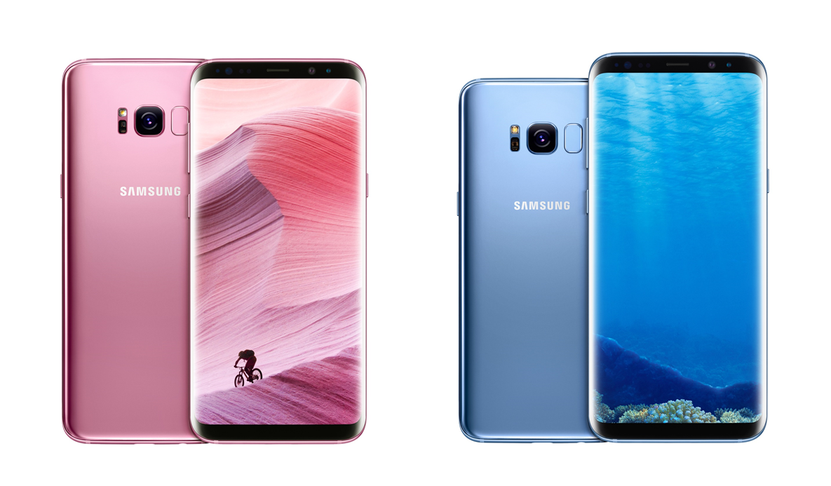 △‘갤럭시 S8+’ 로즈 핑크(왼쪽)와 ‘갤럭시 S8’ 코랄 블루 /사진제공=삼성전자