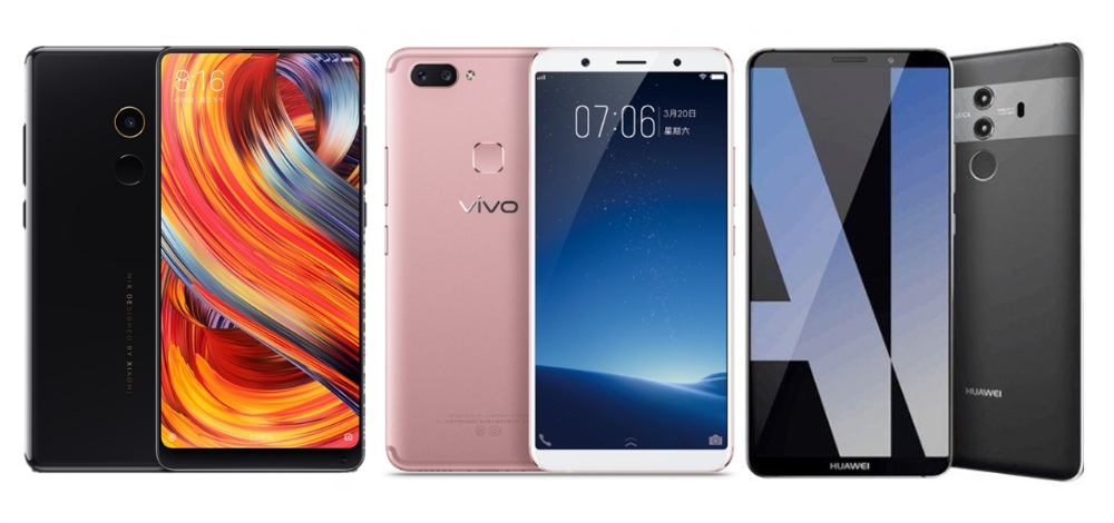 △(왼쪽부터) 샤오미 ‘미믹스2’ 비보 ‘X20’ 화웨이 ‘메이트10’
