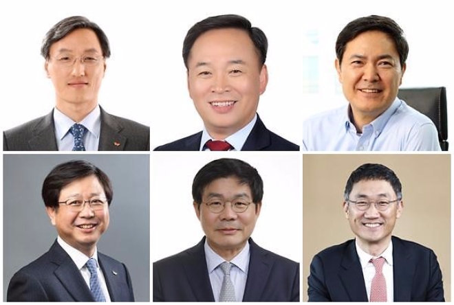 조경목 SK에너지 사장(왼쪽상단 시계방향), 장용호 SK머티리얼즈 사장, 서성원 SK텔레콤 MNO 사업부장(사장), 이인찬 SK플래닛 사장, 안재현 SK건설 사장, 안정옥 SK주식회사 C&C 사업대표(사장). 사진=SK그룹.
