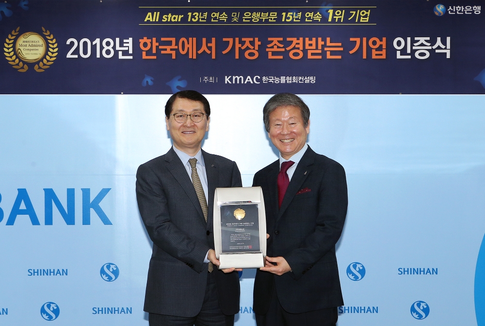 지난 26일 서울시 중구 세종대로 소재 신한은행 본점에서 열린 2018 한국에서 가장 존경받는 기업 인증식에서 신한은행 위성호 은행장(사진 좌측)과 한국능률협회컨설팅 이승한 전략경영위원회 위원장(사진 우측)이 기념 촬영을 하는 모습 / 사진= 신한은행