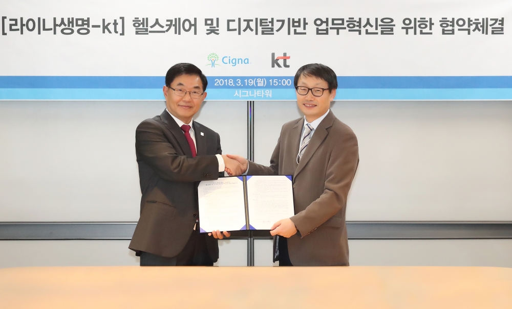 △협약식에 참석한 구현모 KT 경영기획부문장 사장(오른쪽)과 벤자민홍 라이나생명 대표이사가 기념사진 촬영을 하고 있다 / 사진=KT
