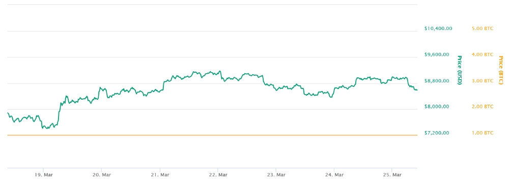 비트코인 시세 추이(3월19~25일)./자료=코인마켓캡