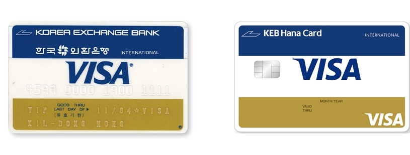 △1978년 국내 최초 Visa 신용카드(왼쪽), 하나카드 40주년 기념 1Q Daily+ Visa 한정판 디자인 카드(오른쪽)./사진=하나카드