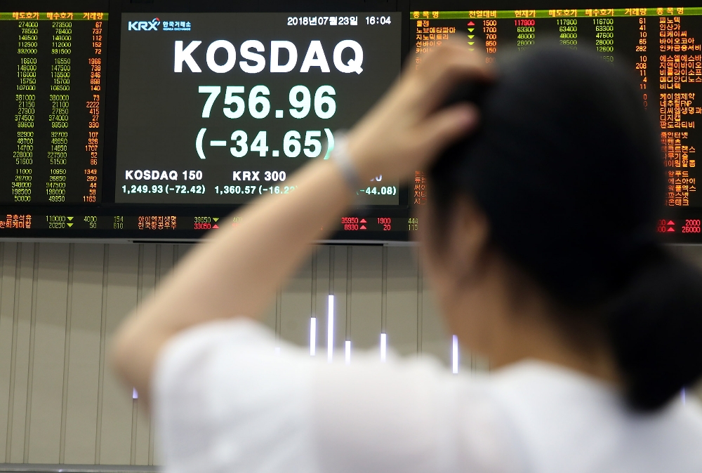23일 코스닥지수는 전 거래일보다 4.38%(34.65포인트) 하락한 756.96에 장을 마감했다. 작년 12월21일 740.32 이후 최저치다. 하루 낙폭으론 지난 3월23일(-4.81%) 이후 가장 큰 수치다. 사진=한국거래소