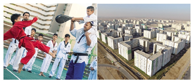 ▲ 이라크 비스야마 신도시 생활 모습, ▲이라크 비스야마 신도시 전경. 사진 = 한화건설