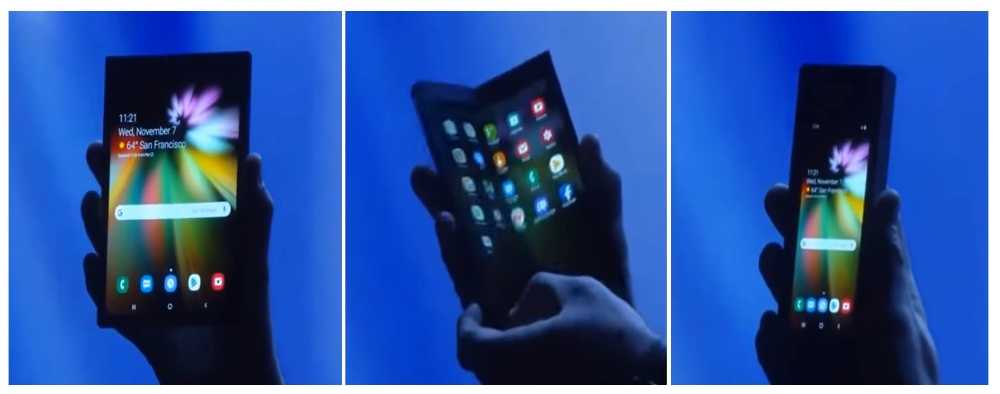 △삼성전자가 지난 7일(현지시간) 미국 샌프란시스코에서 진행한 개발자 컨퍼런스에서 폴더블폰을 공개했다. / 사진=유튜브 캡처