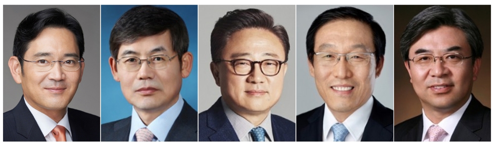 △(왼쪽부터)이재용 부회장, 이상훈 이사회 의장, 고동진·김기남·김현석 대표이사(사장)