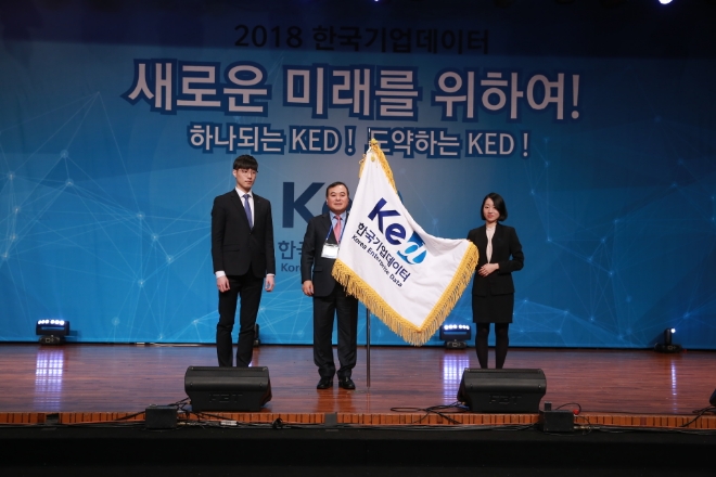 송병선 한국기업데이터 대표이사(가운데)가 이날 여의도 63빌딩에서 열린 '미래비전선포식'에서 신입사원들과 새로운 사기를 선보이고 있다. / 사진 = 한국기업데이터