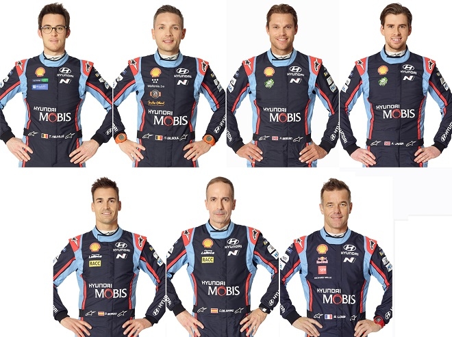 2019 WRC 현대 월드랠리팀 드라이버 라인업. (1열 왼쪽부터) 티에리 누빌, 니콜라스 질술, 안드레아스 미켈슨, 앤더스 예거, (2열 왼쪽부터) 다니 소르도, 칼로스 델 바리오, 세바스티앙 롭.