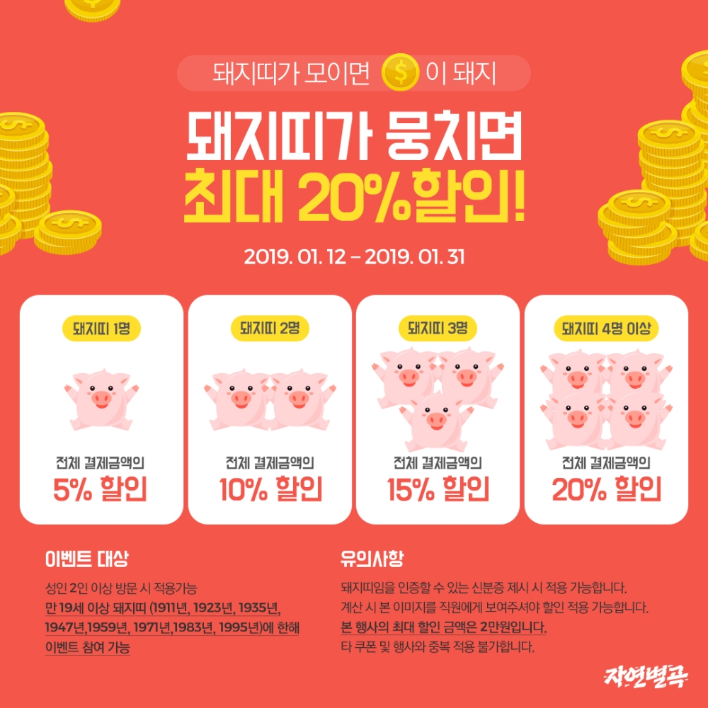 이랜드 자연별곡, "돼지띠 고객 뭉치면 최고 20% 할인"