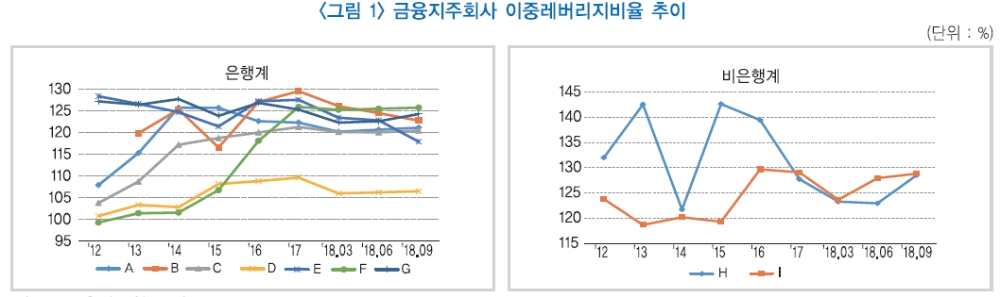 자료출처= 금융연구원 '금융지주회사의 이중레버리지 비율 추이와 이슈' 리포트