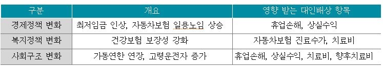 △경제/사회적 변화와 자동차보험, 배상책임보험료 인상 요인 / 자료=보험연구원