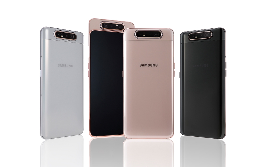 △삼성전자 갤럭시 A80의 세가지 색상 모델. 고스트 화이트, 엔젤 골드, 팬텀 블랙/사진=삼성전자