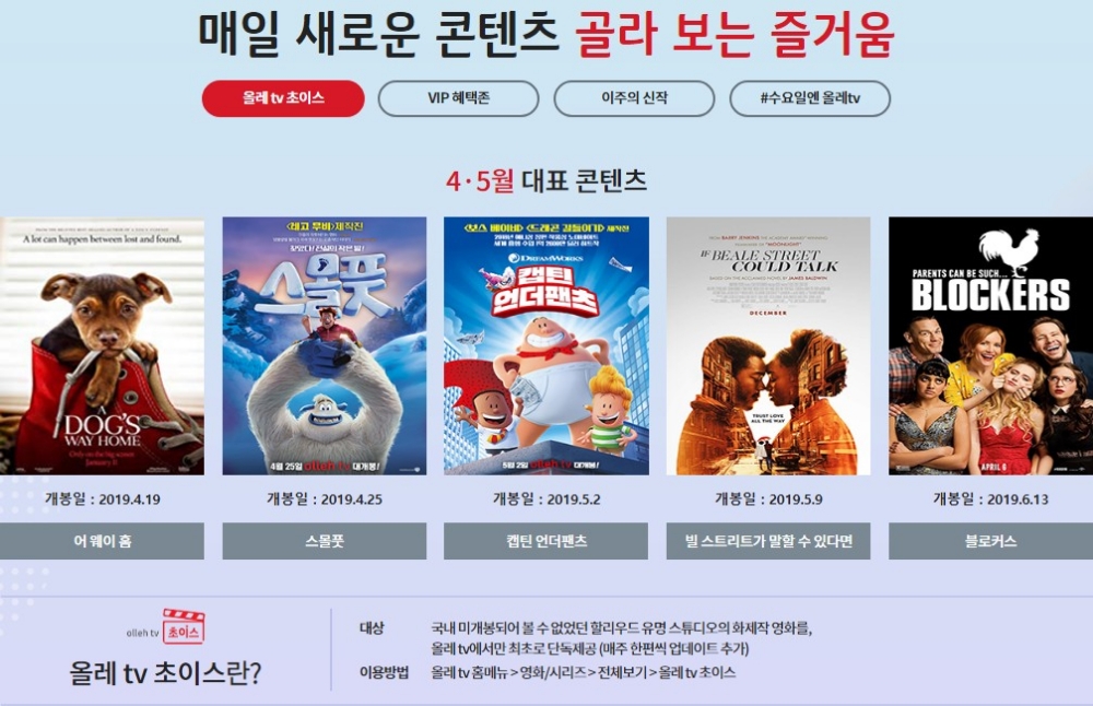 △올레 TV 초이스에서 4, 5월에 추천 제공하는 콘텐츠 목록/사진=오승혁 기자(웹페이지 자료 편집)