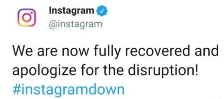 △인스타그램이 자사 트위터 계정에 14일 오전 9시 경 올린 장애 복구 안내 및 사과 포스팅/사진=오승혁 기자