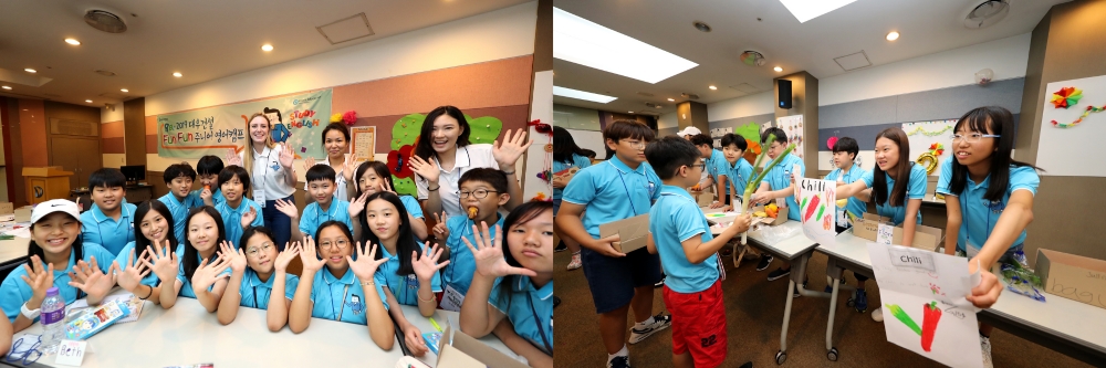 (왼쪽 사진) 지난 7일 대우건설 인재원에서 영어캠프에 참여한 임직원 자녀들이 기념촬영을 하고 있다. (오른쪽 사진) 지난 7일 영어캠프에 참가한 대우건설 임직원 자녀들이 과일가게놀이를 하고 있다. /사진=대우건설