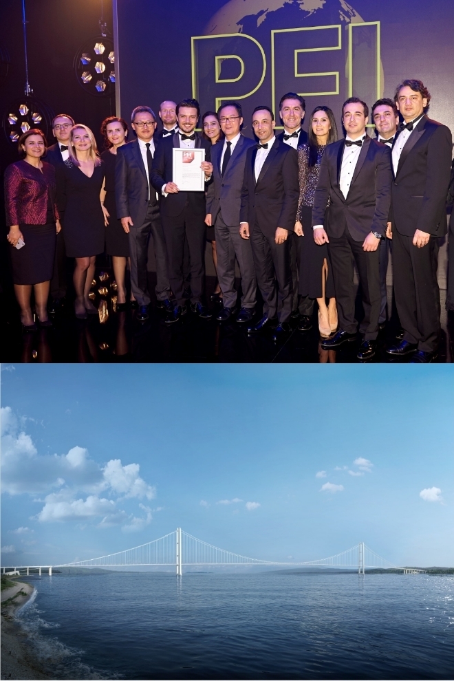 SK건설과 대림산업이 참여하는 세계 최장 현수교 ‘터키 차나칼레 프로젝트’가 PFI, IJGlobal, EMEA Finance 등 글로벌 금융 전문지 6곳으로부터 총 11개 부문의 금융상을 수상했다고 13일 SK건설이 밝혔다. (상단) 지난 2월 글로벌 금융전문지 PFI로부터 금융상을 수상한 후 참석자들이 기념촬영을 하고 있는 모습. 오른쪽 일곱번째 홍호은 SK건설 재무2실장, 왼쪽 다섯번째 우영진 대림산업 부장. (하단) 터키 차나칼레 현수교 조감도. /사진=SK건설