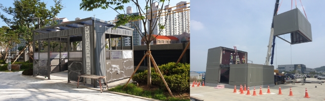 프리패브 공법을 적용한 재활용품 보관소(오른쪽)과 옥탑 구조물. /사진=포스코건설