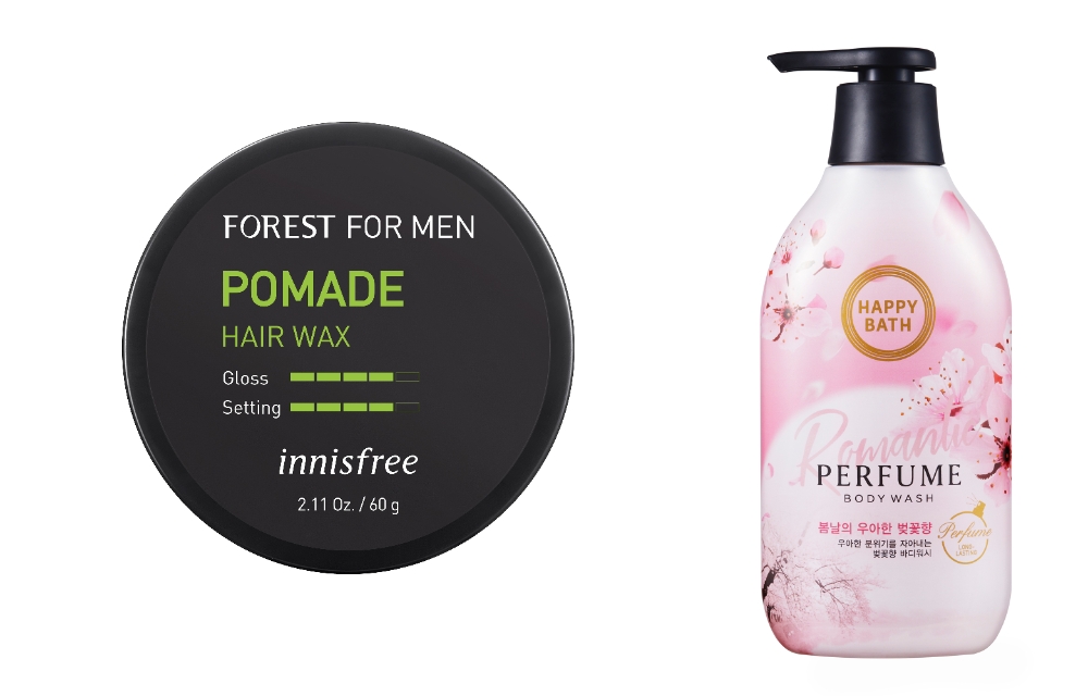 (좌) 공병 재활용 플라스틱을 적용한 이니스프리 '포레스트 헤어왁스', (우) 식물 유래 플라스틱을 함유한 무색 투명 용기의 해피바스 '퍼퓸 바디워시'. /사진제공=아모레퍼시픽