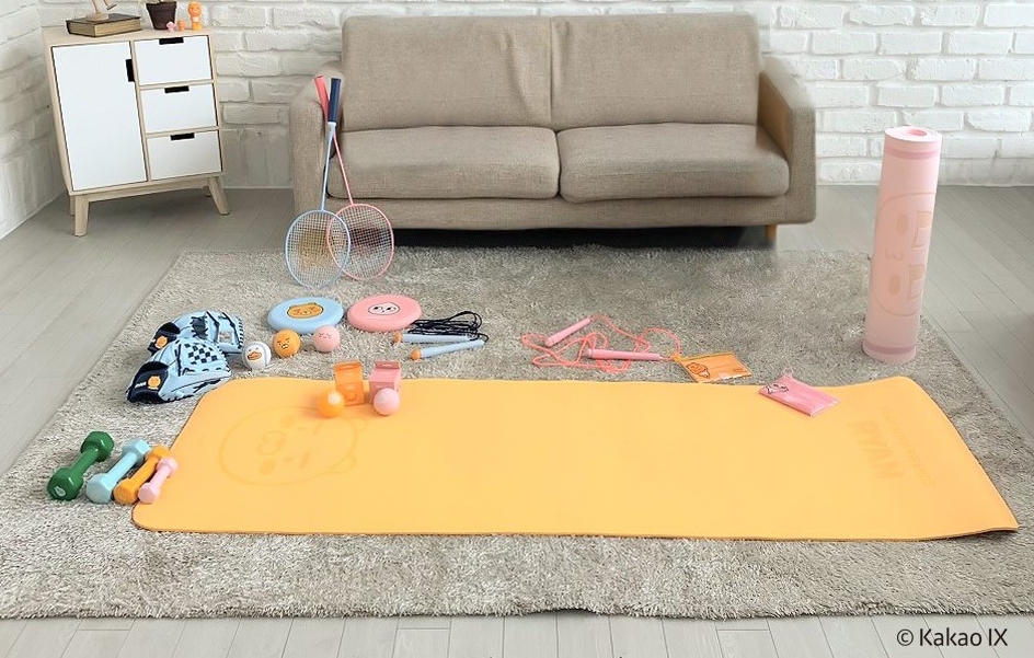 △브리온스포츠의 카카오프렌즈 캐릭터가 적용된 요가 매트, 아령, 야구 글러브, 야구공, 줄넘기, 배드민턴채 등의 제품 모습/사진=오승혁 기자(자료 편집)