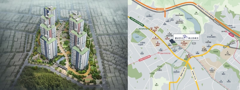 포스코건설이 10월 수원에 분양하는 '광교산 더샵 퍼스트파크' 조감도와 광역 위치도. /사진=포스코건설