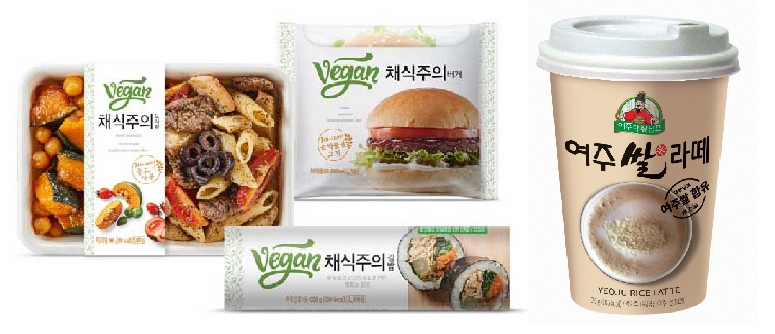 ▲ CU가 출시한 채식주의 간편식(왼쪽). 사진 = BGF리테일, 세븐일레븐이 선보인 여주쌀라떼원컵(오른쪽). 사진 = 코리아세븐