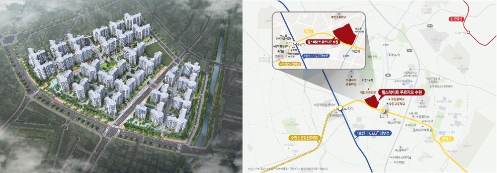 힐스테이트 푸르지오 수원 조감도와 위치도. 제공=현대건설